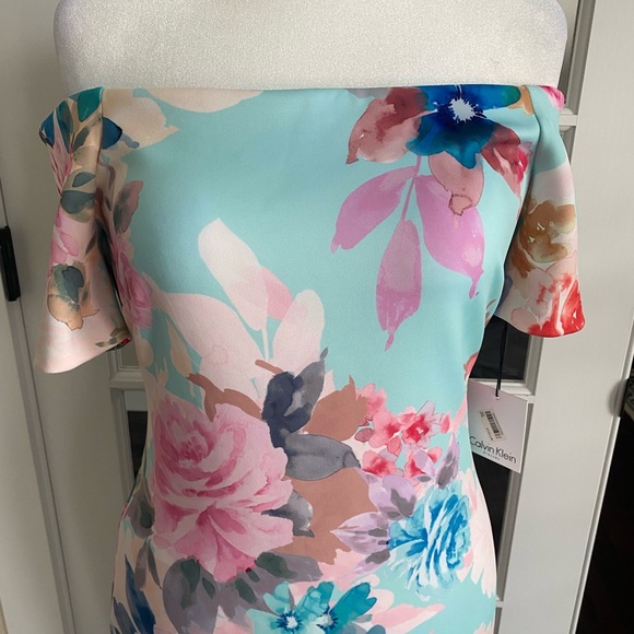 Calvin Klein Pink and Orange Off-Shoulder Sheath Dress - Picture 2 of 13